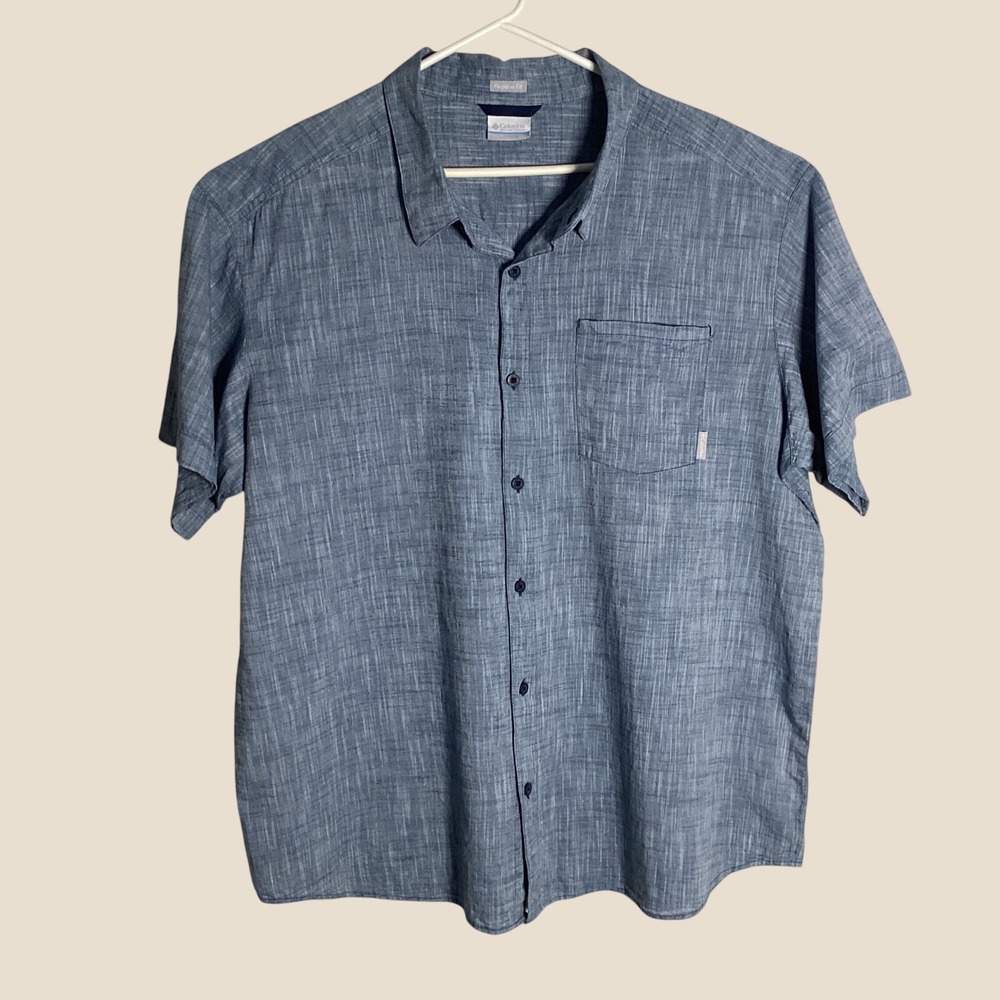 Columbia Short Sleeve Shirt Mens XXL Blue Cotton Slub Outdoor Casual Summer Hike